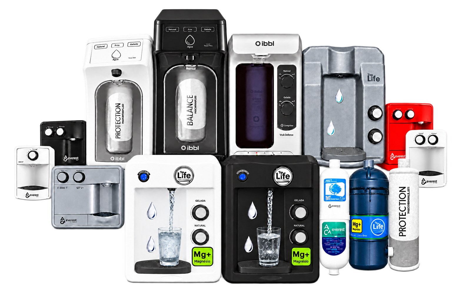 Purificadores Top Life frontais, IBBL preto com três botões Natural, Fria e Gelada na fileira superior, outros IBBL, Top Life cinza, cinco Everest e três filtros de reposição