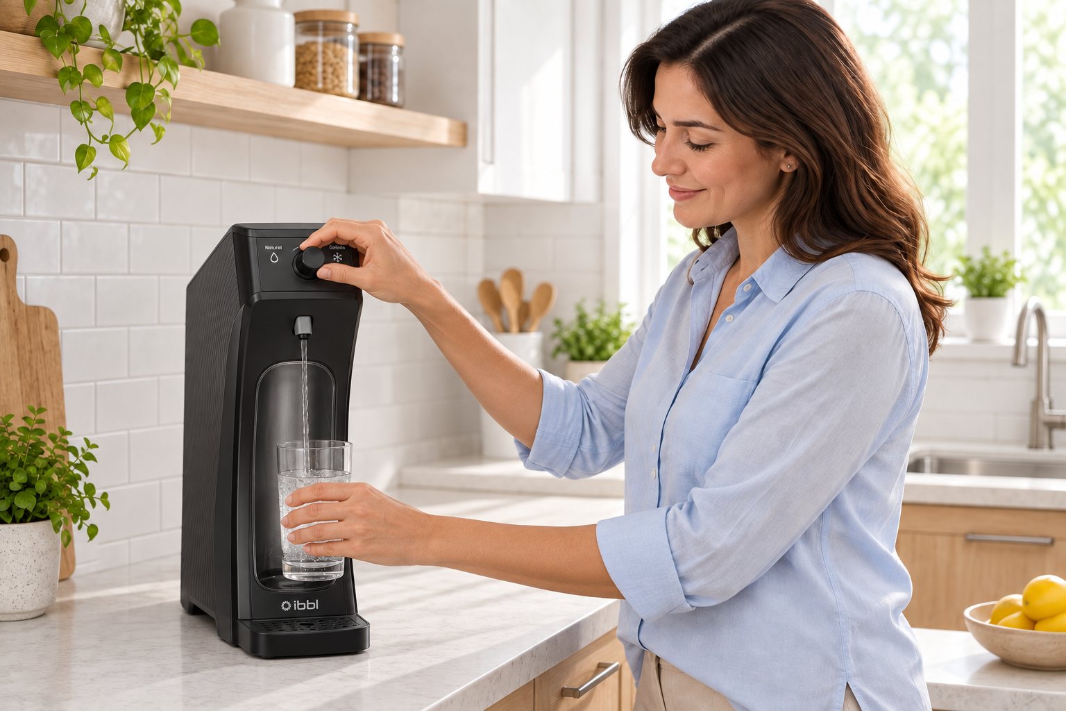 Mulher enchendo um copo de água no purificador preto IBBL E-Due Equilibrium em uma cozinha